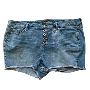 torrid Button Fly Faded Distressed Raw Hem Denim Shorts 20